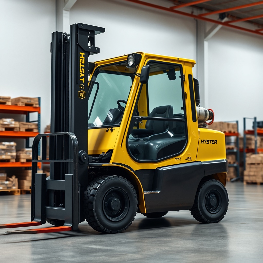 <clean photorealistic photo of a Hyster H50F with side shift attachment and döner çatal in
