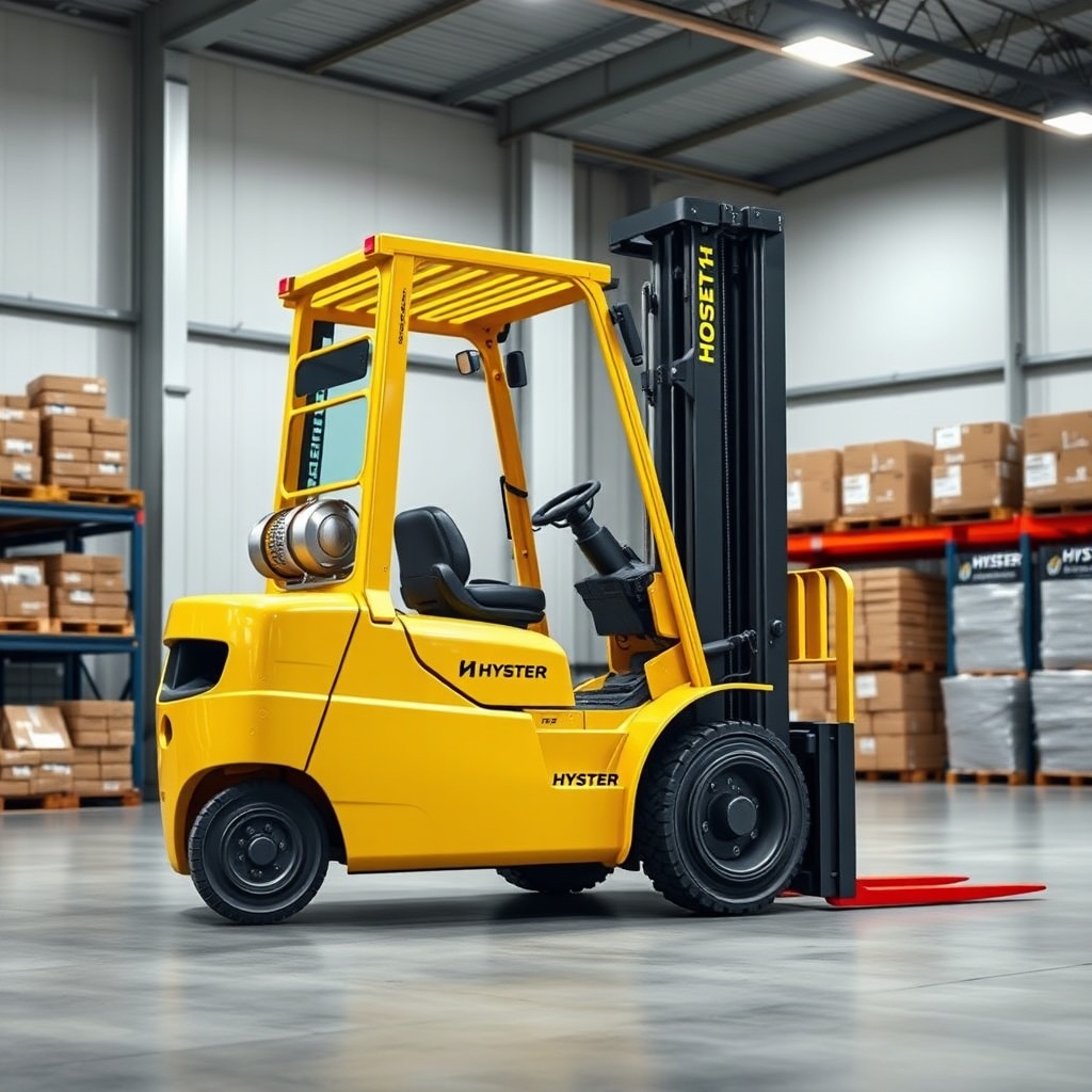 <clean photorealistic photo of a Hyster H50F with safety cage and side camera system in wa
