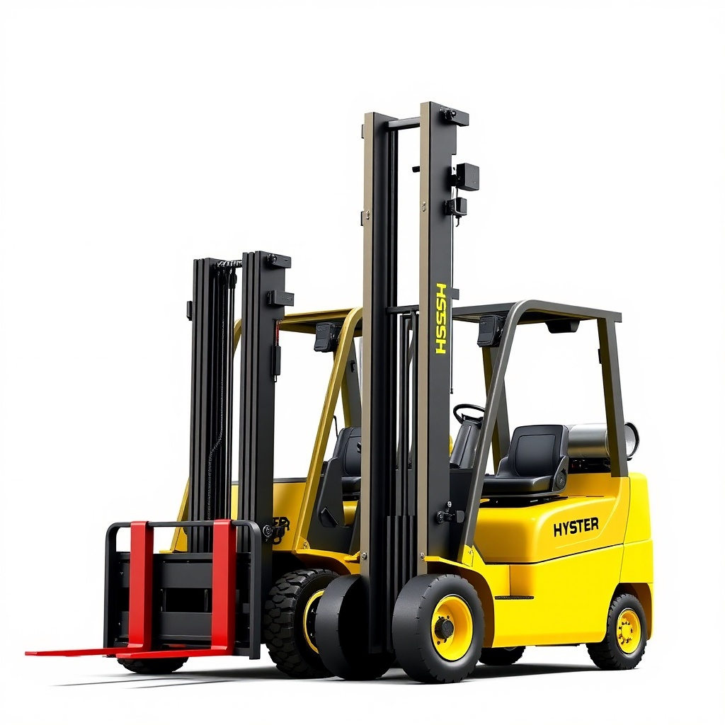 <clean photorealistic photo/illustration of Hyster H50F with different fork types side by