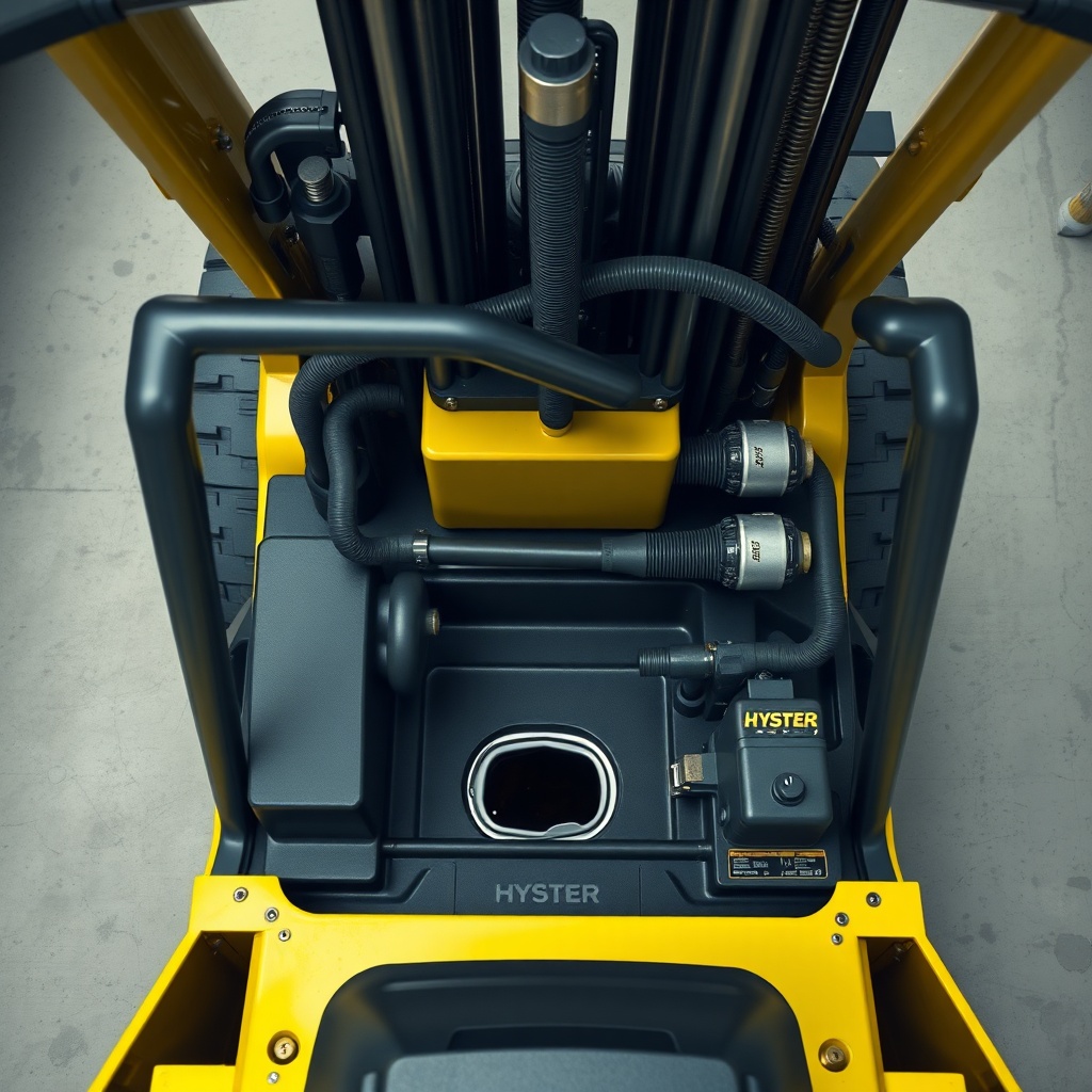 A photorealistic top-down view of a Hyster H50F forklift showing hydraulic hoses and cylin