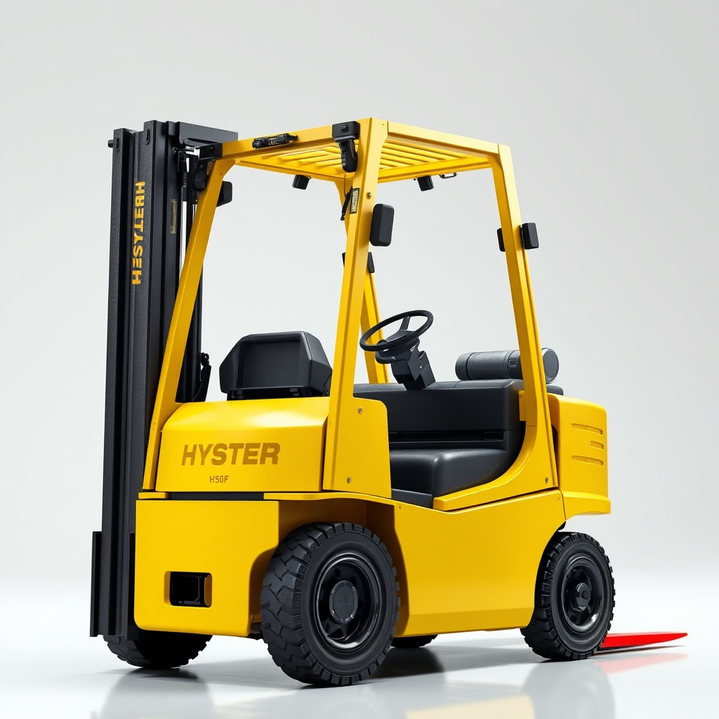 <Yakın plan bir Hyster H50F çatalının palet üzerinde durduğu