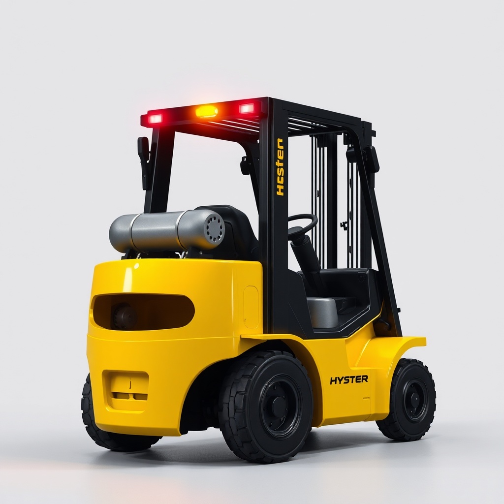 <Gece karanlığında bir depoda Hyster H50F forkliftin LED farlarının zemine vurduğu