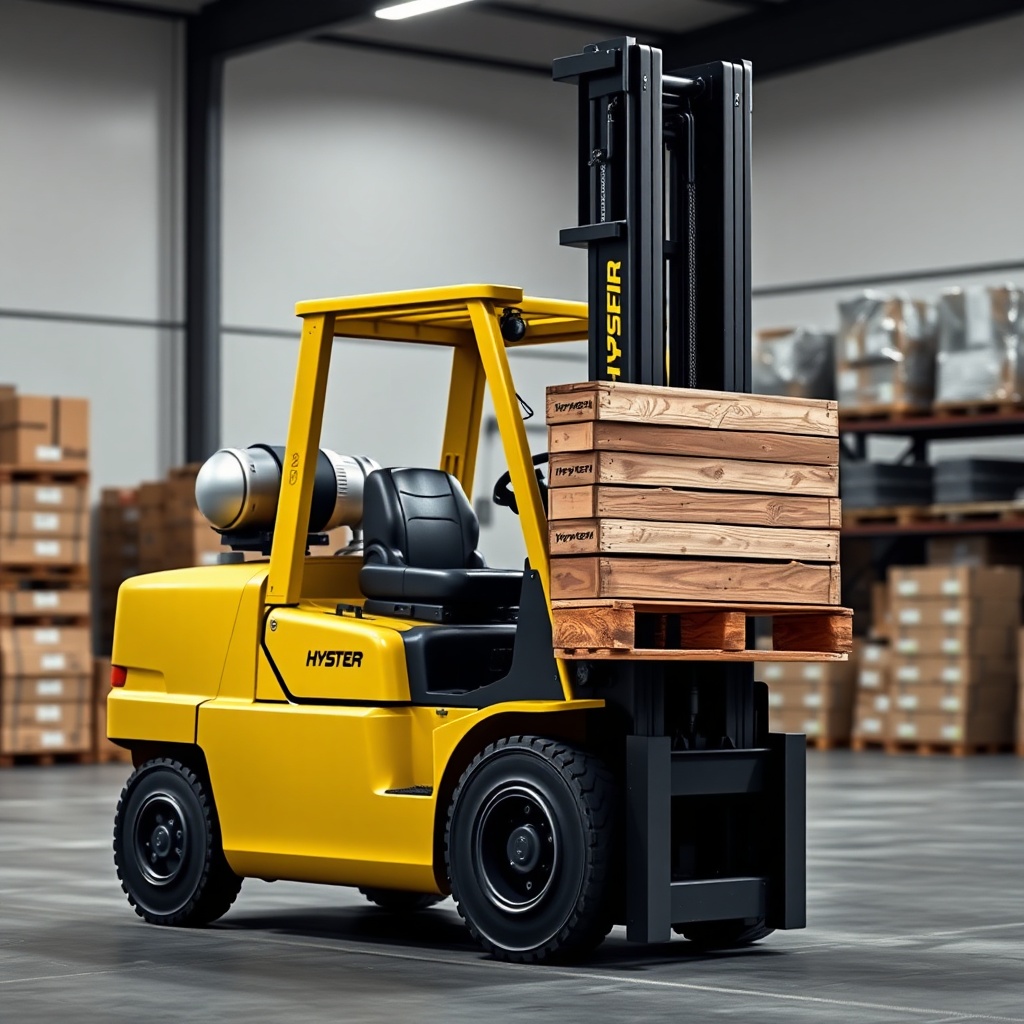 A clean photorealistic side view of a Hyster H50F forklift in a warehouse setting