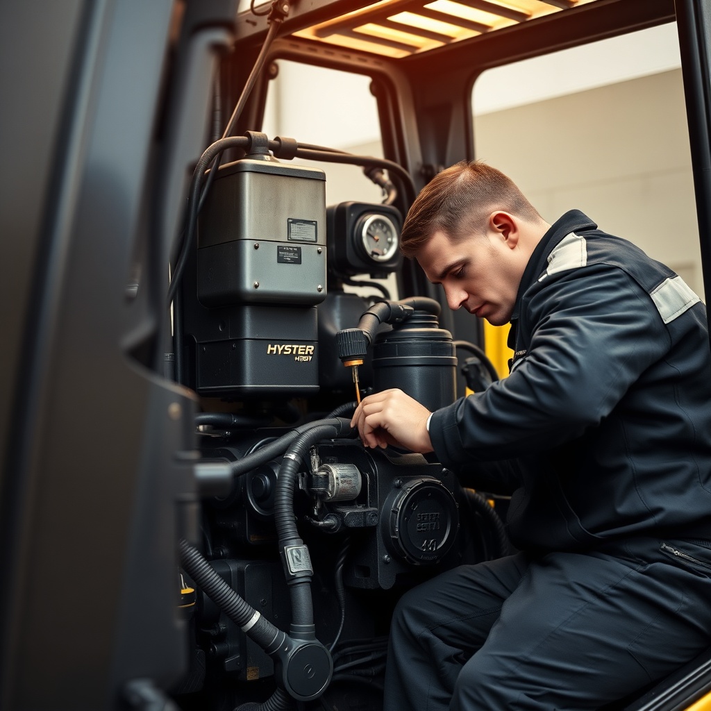 A clean photorealistic close-up of a Hyster H50F forklift engine compartment with a mechan