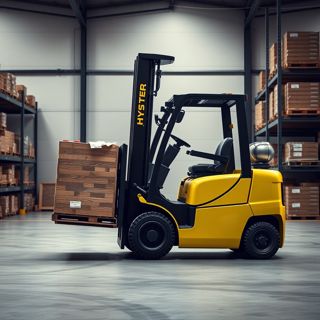 A photorealistic photo of a Hyster H50F forklift lifting a pallet in a warehouse