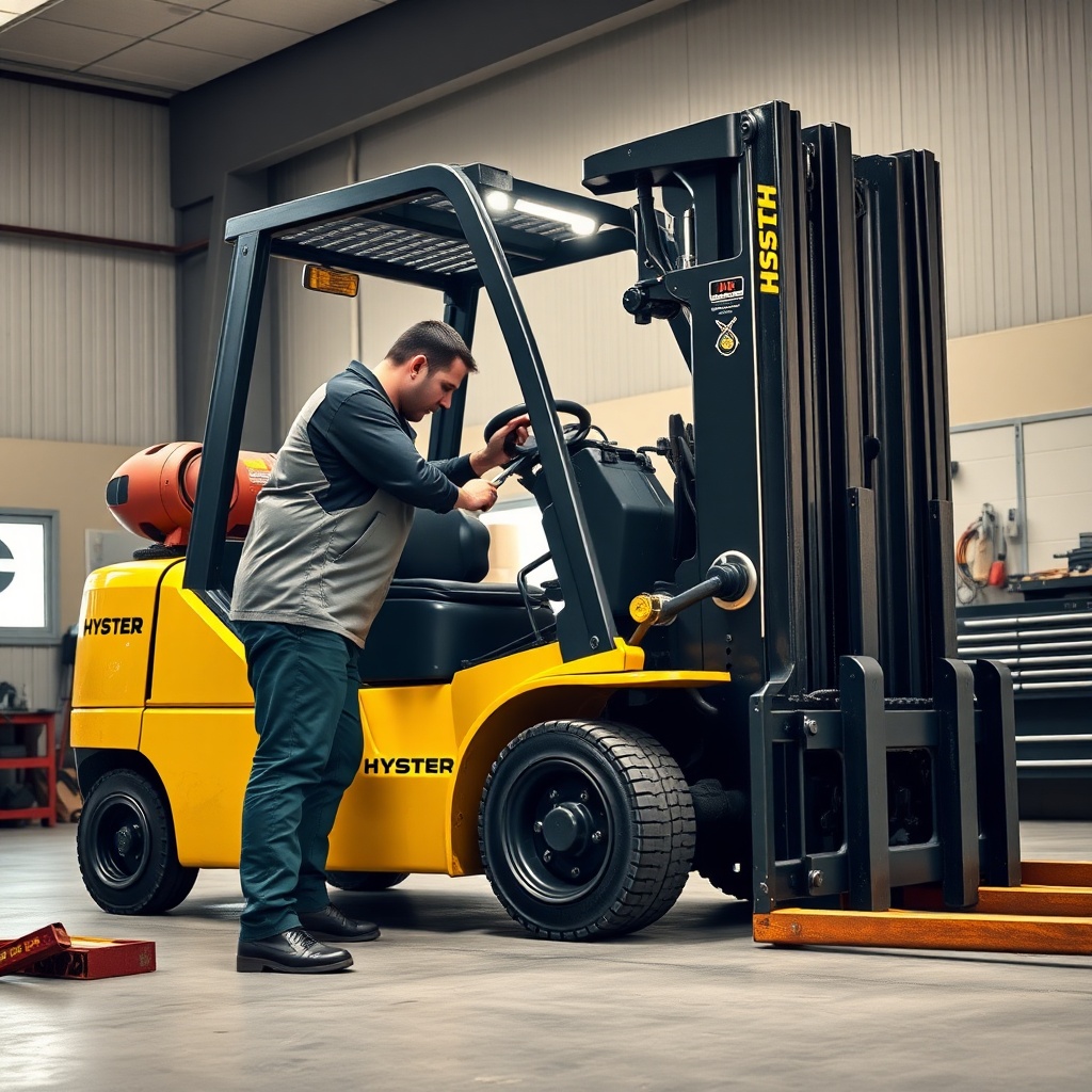 A photorealistic photo of a mechanic inspecting the engine of a Hyster H50F forklift in a