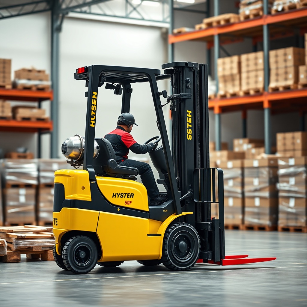 <clean photorealistic photo of a Hyster H50F forklift smoothly moving pallets in a warehou
