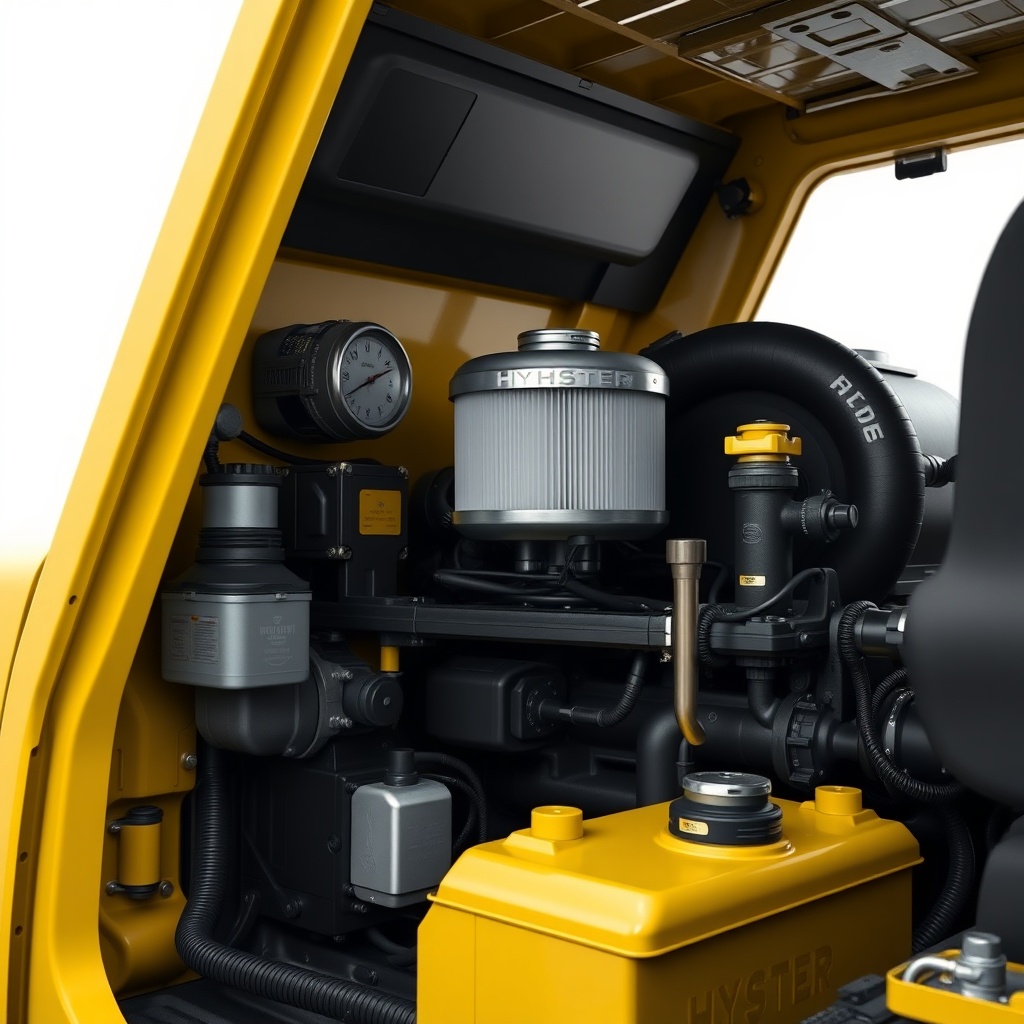 <clean photorealistic photo of a Hyster H50F engine bay with clean filters and dipstick