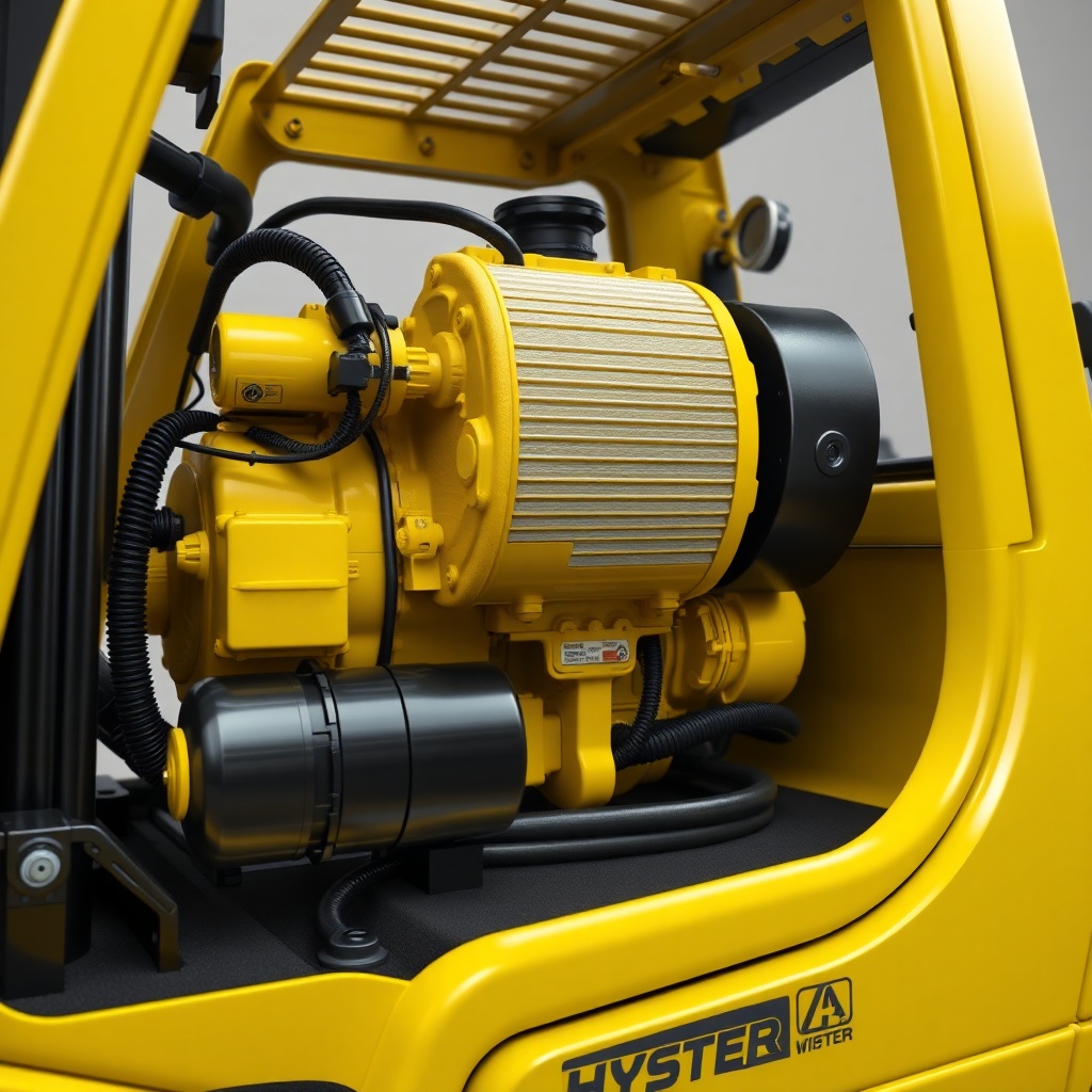 Hyster H50F’in açık motor kaputu altında yağ ve filtre değişimi yapılan bir atölye görüntü