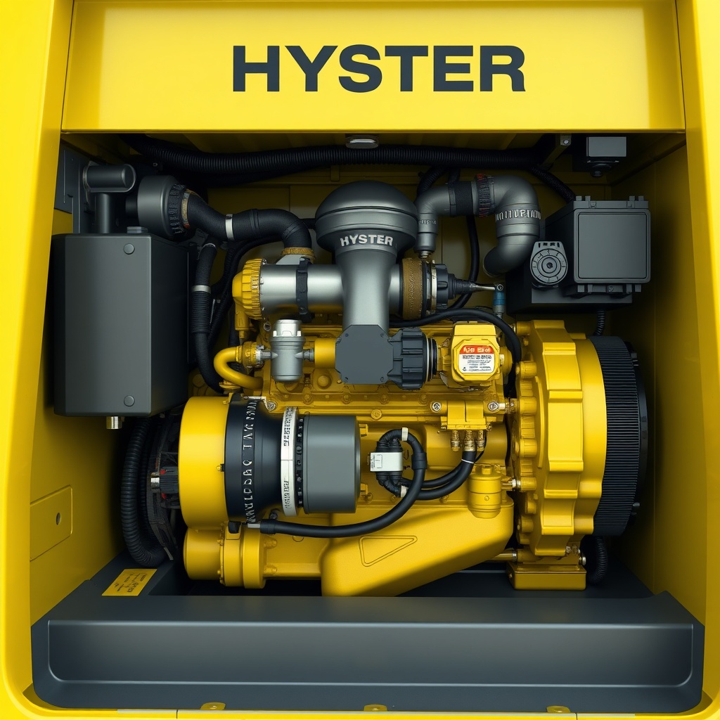 <clean photorealistic photo/illustration of Hyster H50F engine bay showing turbo diesel mo