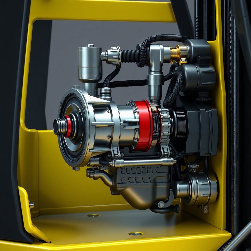 <clean photorealistic photo/illustration of Hyster H50F drivetrain showing transmission an