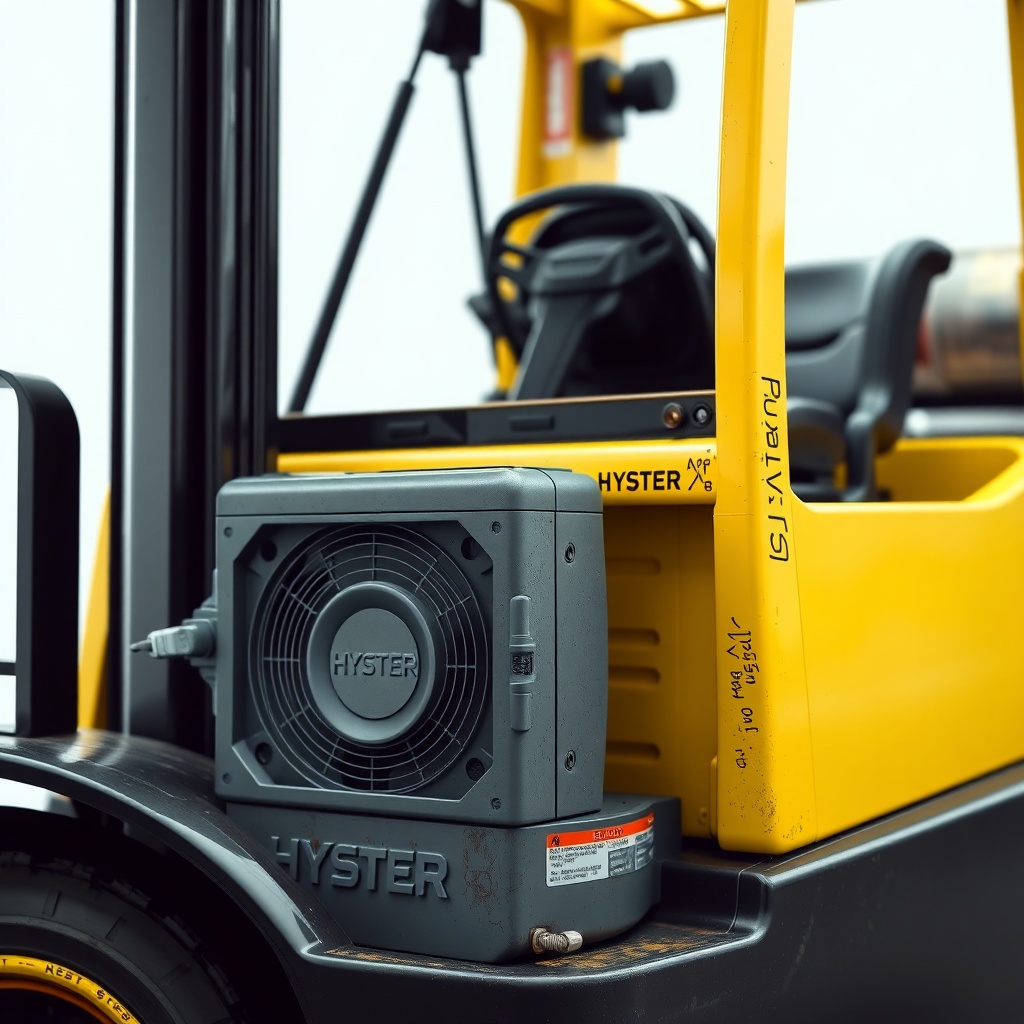 Detaylı bir Hyster H50F forkliftin depo ve motor bölümünü gösteren fotoğraf
