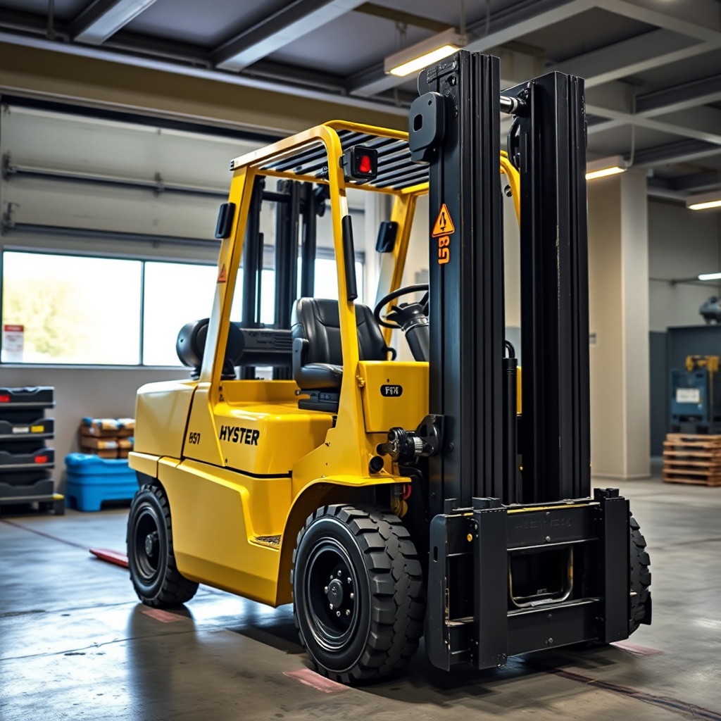 Hyster H50F forkliftin depo içinde yumuşak bir dönüş yaparken çekilmiş geniş açılı