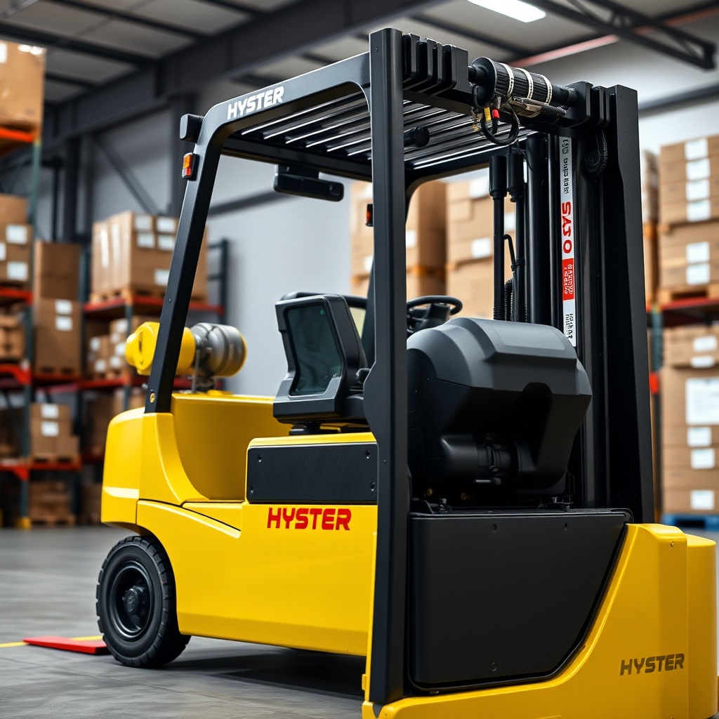 A photorealistic side view of Hyster H50F operating in a warehouse