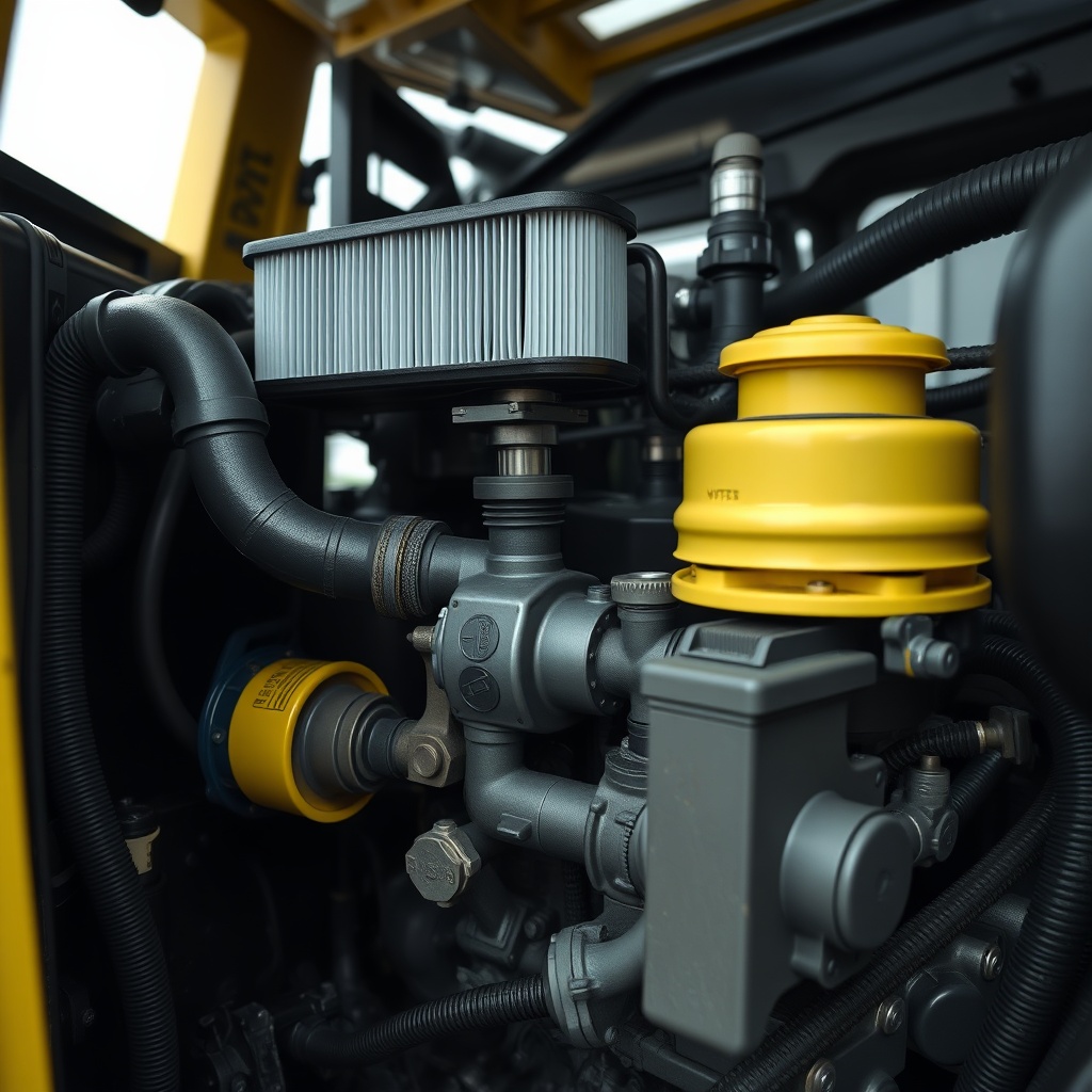 A photorealistic close-up of Hyster H50F engine compartment with clean filter and fuel lin