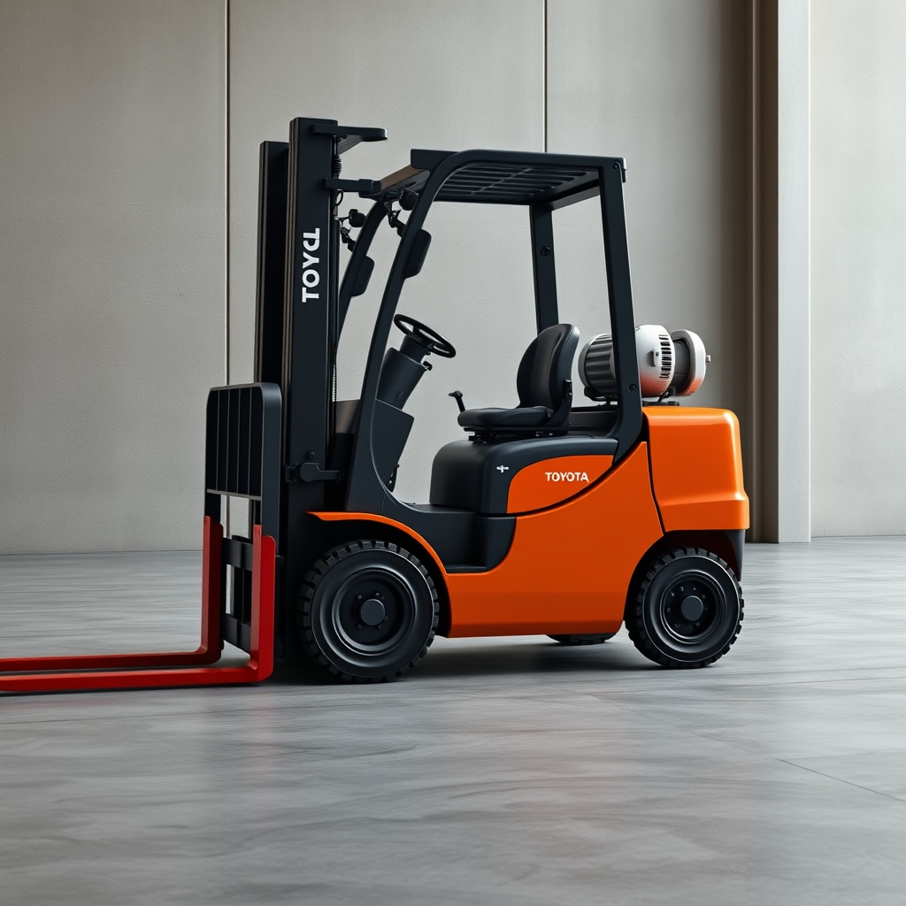 <photorealistic photo of Toyota 8FGCU25 forklift with solid tires on a concrete warehouse