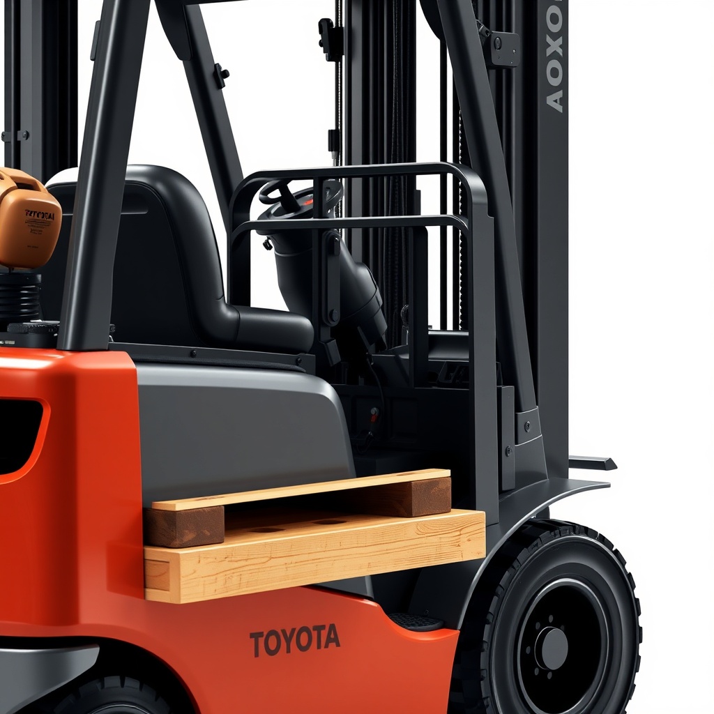 <photorealistic photo of Toyota 8FGCU25 forklift with side shifter attachment lifting a pa