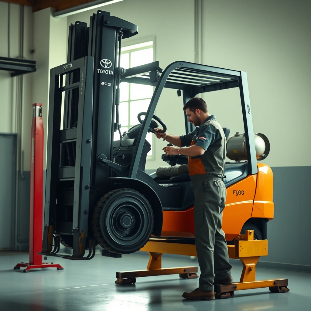 <A clean workshop with a Toyota 8FGCU25 forklift raised on a lift