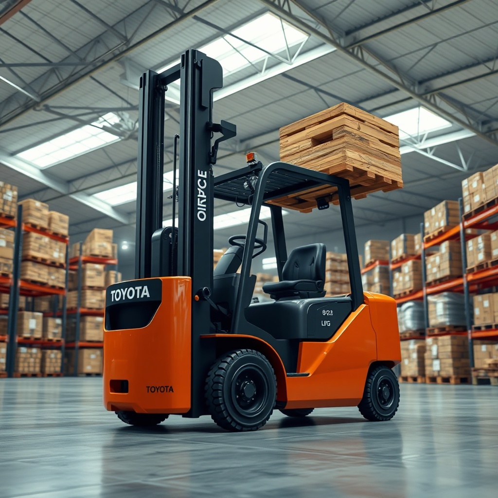 Photorealistic 16:9 shot of a Toyota 8FGCU25 LPG forklift lifting a pallet in a warehouse
