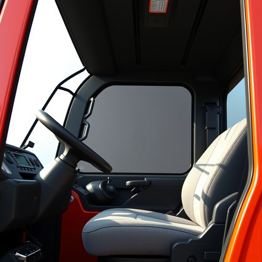 Photorealistic 16:9 shot of the Toyota 8FGCU25 operator cabin