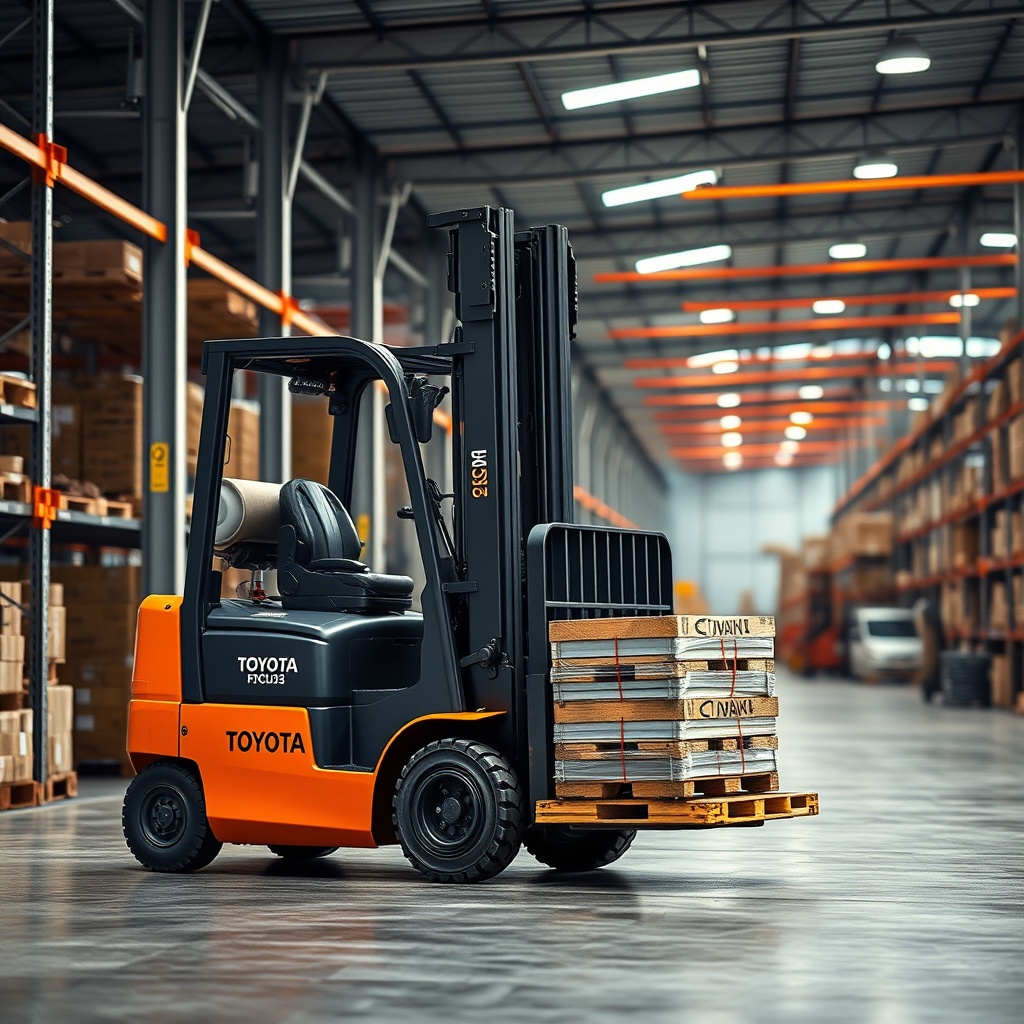 A realistic photo of a Toyota 8FGCU25 forklift in a busy warehouse