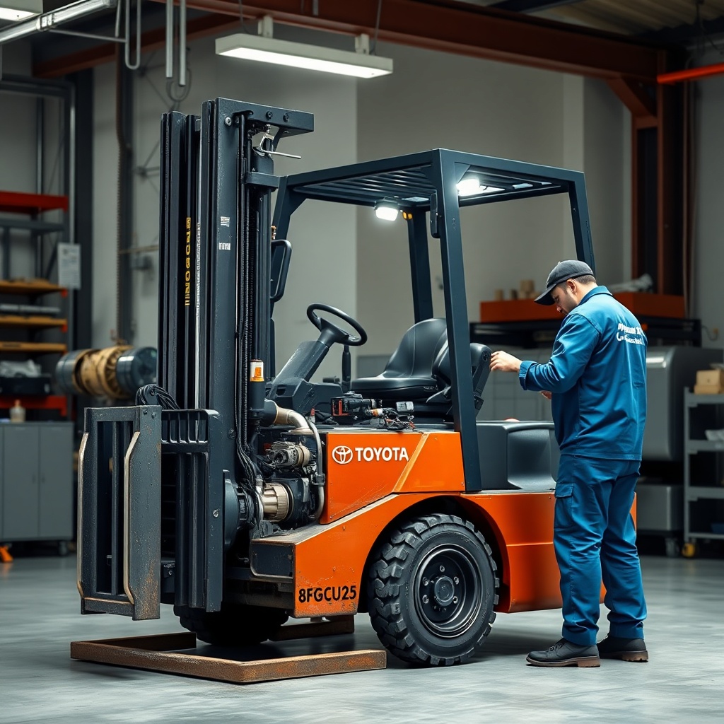 A realistic photo of a forklift service bay