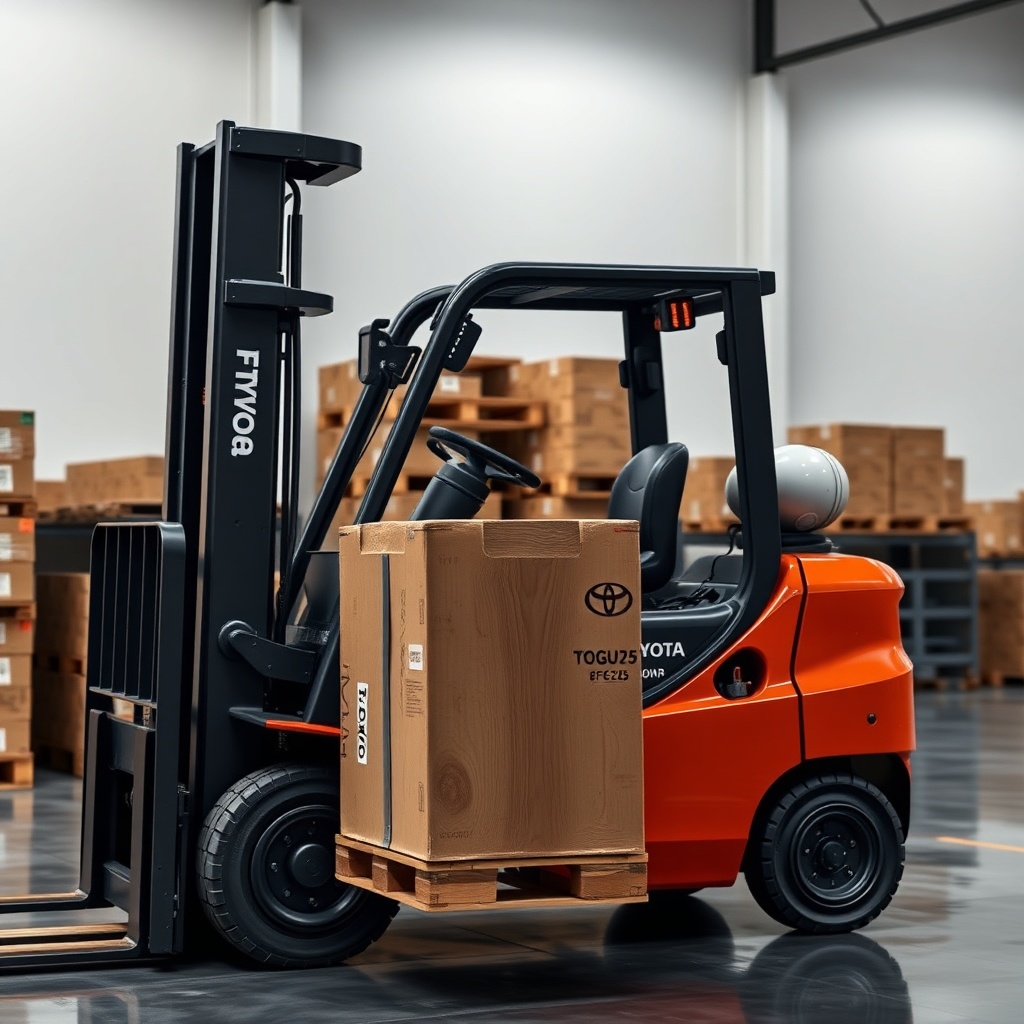 A photorealistic photo of a Toyota 8FGCU25 forklift in a warehouse