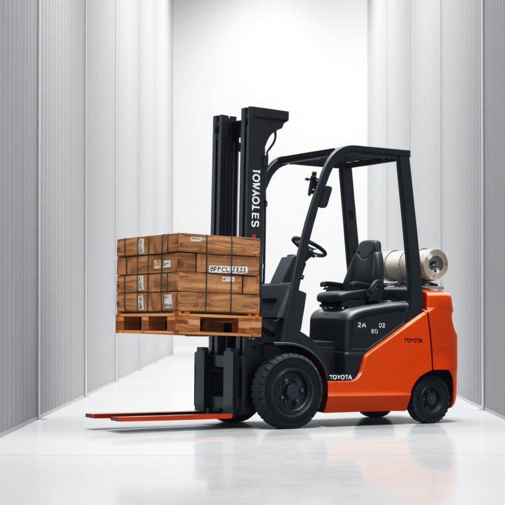 A photorealistic photo of a Toyota 8FGCU25 forklift carrying a full pallet in a narrow ais