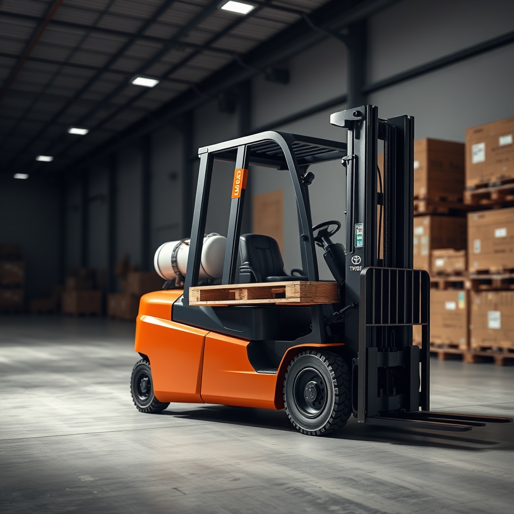 <clean photorealistic photo of a Toyota 8FGCU25 forklift lifting a pallet in a warehouse