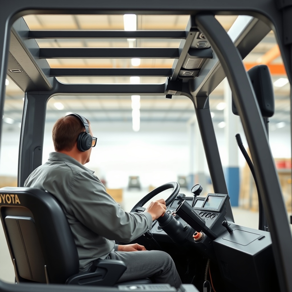 <clean photorealistic photo of a driver controlling a Toyota 8FGCU25 forklift in a factory