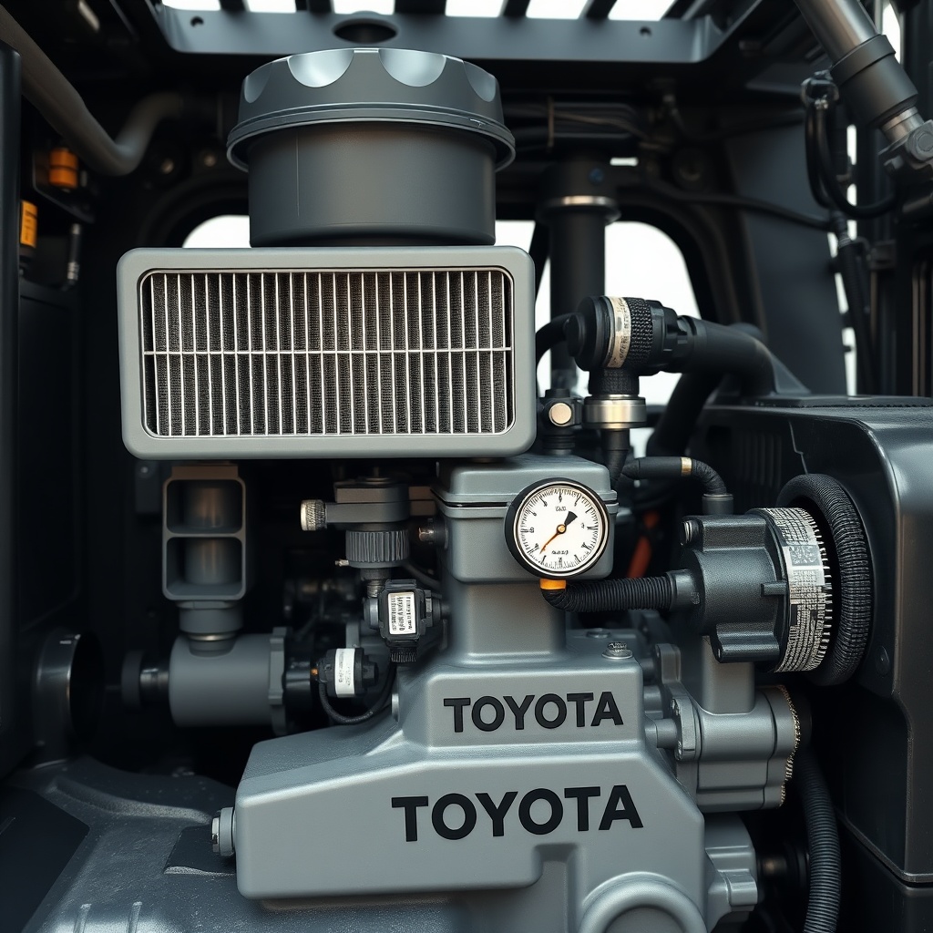 A detailed close-up of the engine compartment of a Toyota 8FGCU25 forklift
